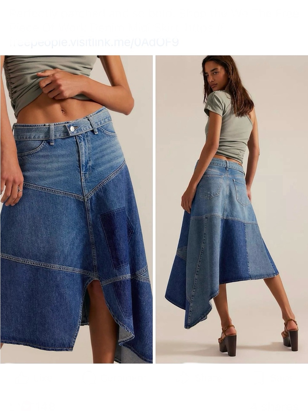 FREE PEOPLE We The Free Piece Of Work Denim Midi Skirt NEW Size 26 Prairie Blues